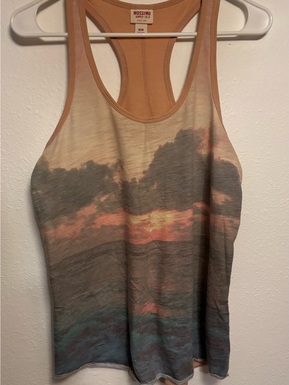 Mossimo Supply Co. Peach Tank Top with Gray, Orange and Blue Sunset Print
